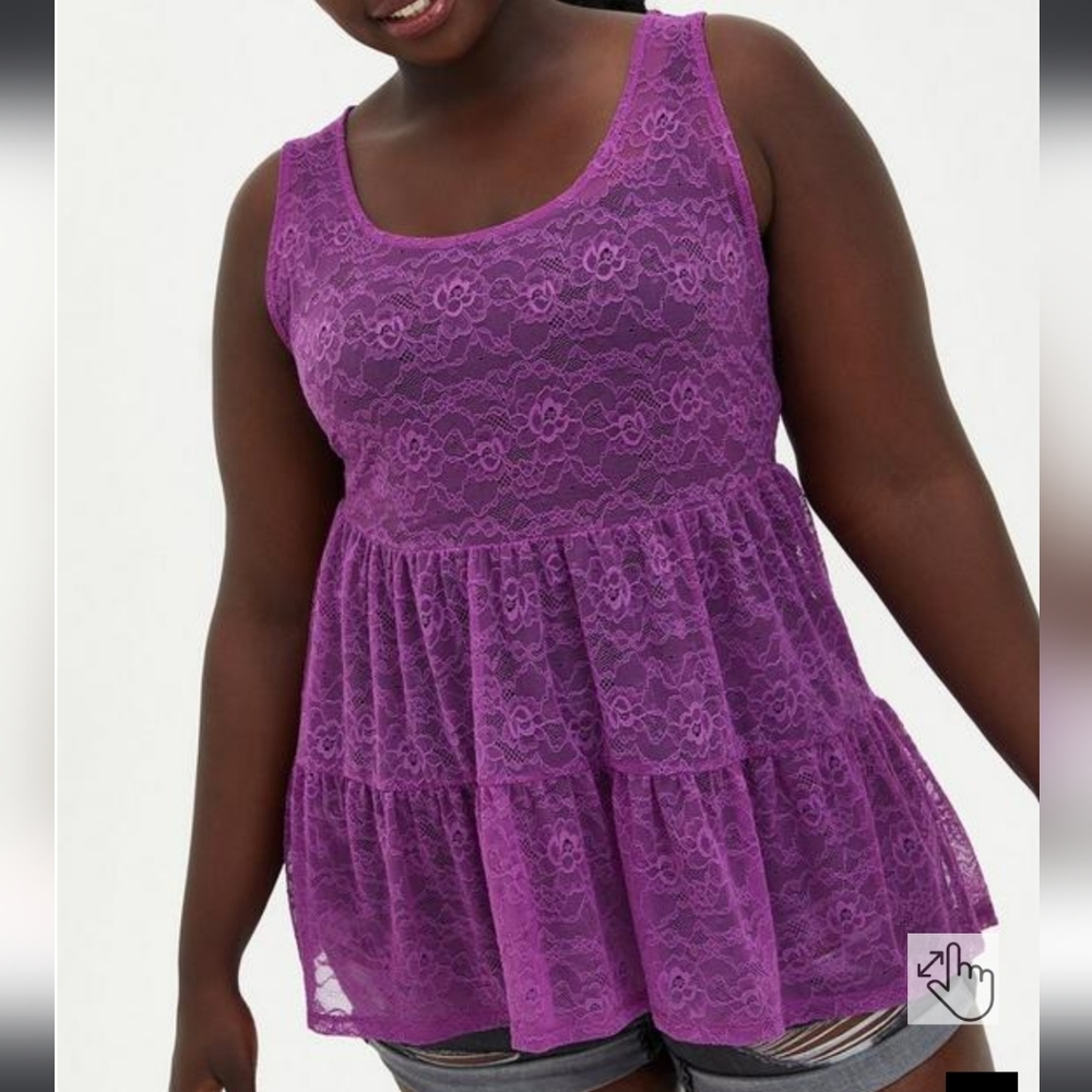 Plus Size 2X Torrid Purple Sheer Lace Crew Neck Tiered Babydoll Tunic Tank 💜